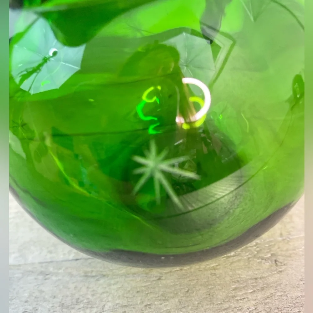 Vintage Emerald Glo Star Cut Green Glass Brass Pitcher Saucer National SilverCo